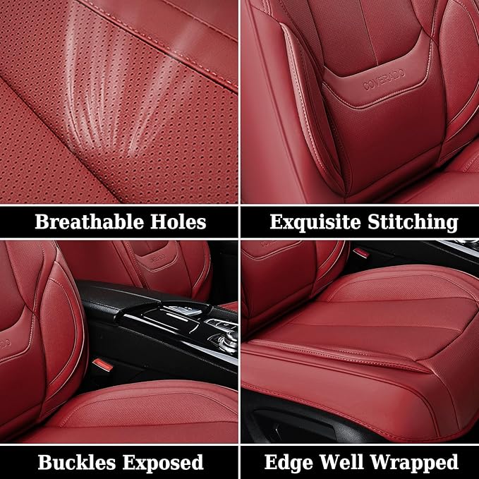 Coverado Universal Seat Covers Full Set, 5 Seats Universal Seat Covers for Cars, Waterproof Faux Leather Car Seat Covers with Head Pillow, Auto Protectors Fit for Most Sedans SUV Pick-up Truck-Red