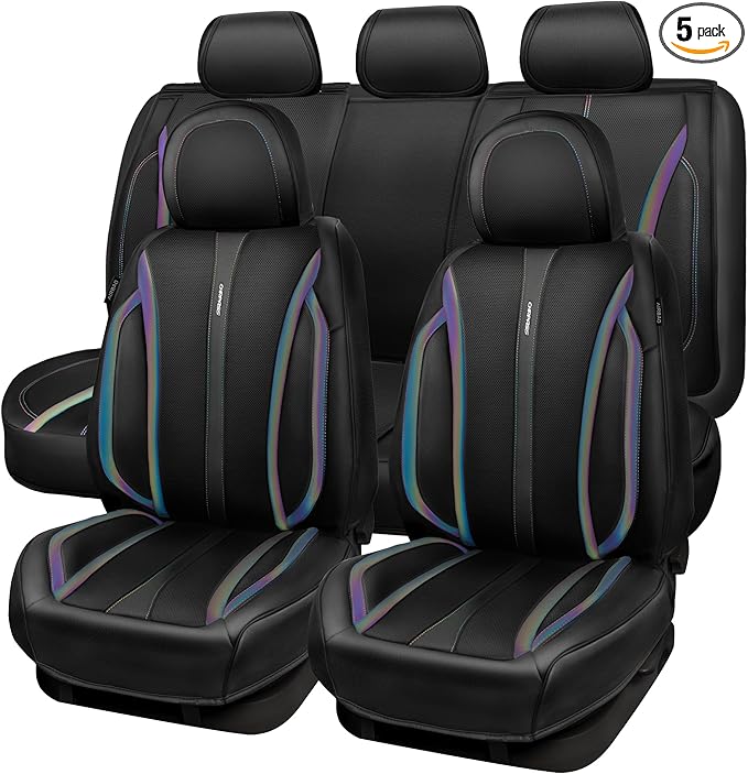 CAR PASS Nappa Leather Car Seat Covers, Durable Waterproof Luxury Universal for SUV Pick-up Truck Sedan, Anti-Slip Driver 5 Seats Covers Full Set with Backrest (Black Chameleon Iridescent Reflective)
