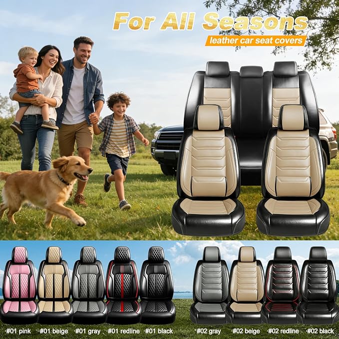 Fit Ridgeline Car Seat Covers for Select Honda Ridgeline 2007-2026 - Premium Full Coverage Leather, Airbag Compatible, Waterproof & All Weather Seat Cushion Protector, Front Pair Black+Beige
