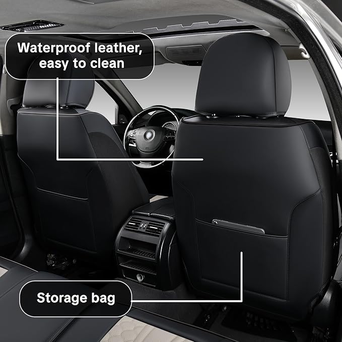 Black and Grey PU Leather Car Seat Covers - Luxury Waterproof Car Seat Covers with Lumbar Support, Non-Slip Base, Airbag Compatibility, Easy Installation and Cleaning