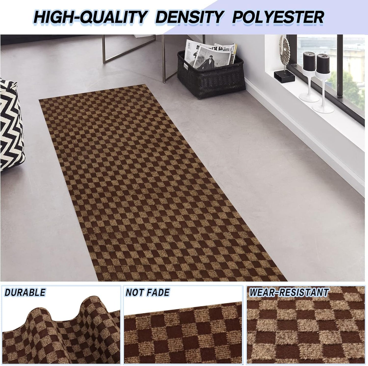 Custom Size Backed Non-Slip Area Rugs Runner, Easy Clean, Waterproof Runner Rugs for Hallway Entryway, Kitchen, Laundry, 3FT x 16FT, Brown Checkered