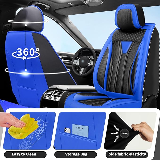 Fit Frontier Car Seat Covers Premium Leather for Nissan Frontier 2009-2025 2026. Waterproof， Breathable, Scratch-Resistant & All-Weather Seat Cushion Protector（Front Seat,Blue&Black