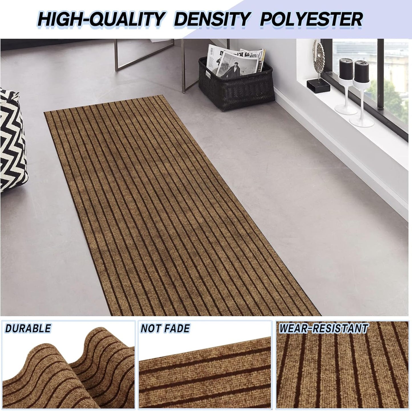 Custom Size Backed Non-Slip Area Rugs Runner, Easy Clean, Waterproof Runner Rugs for Hallway Entryway, Kitchen, Laundry, 2FT x 22FT, Brown Stripe