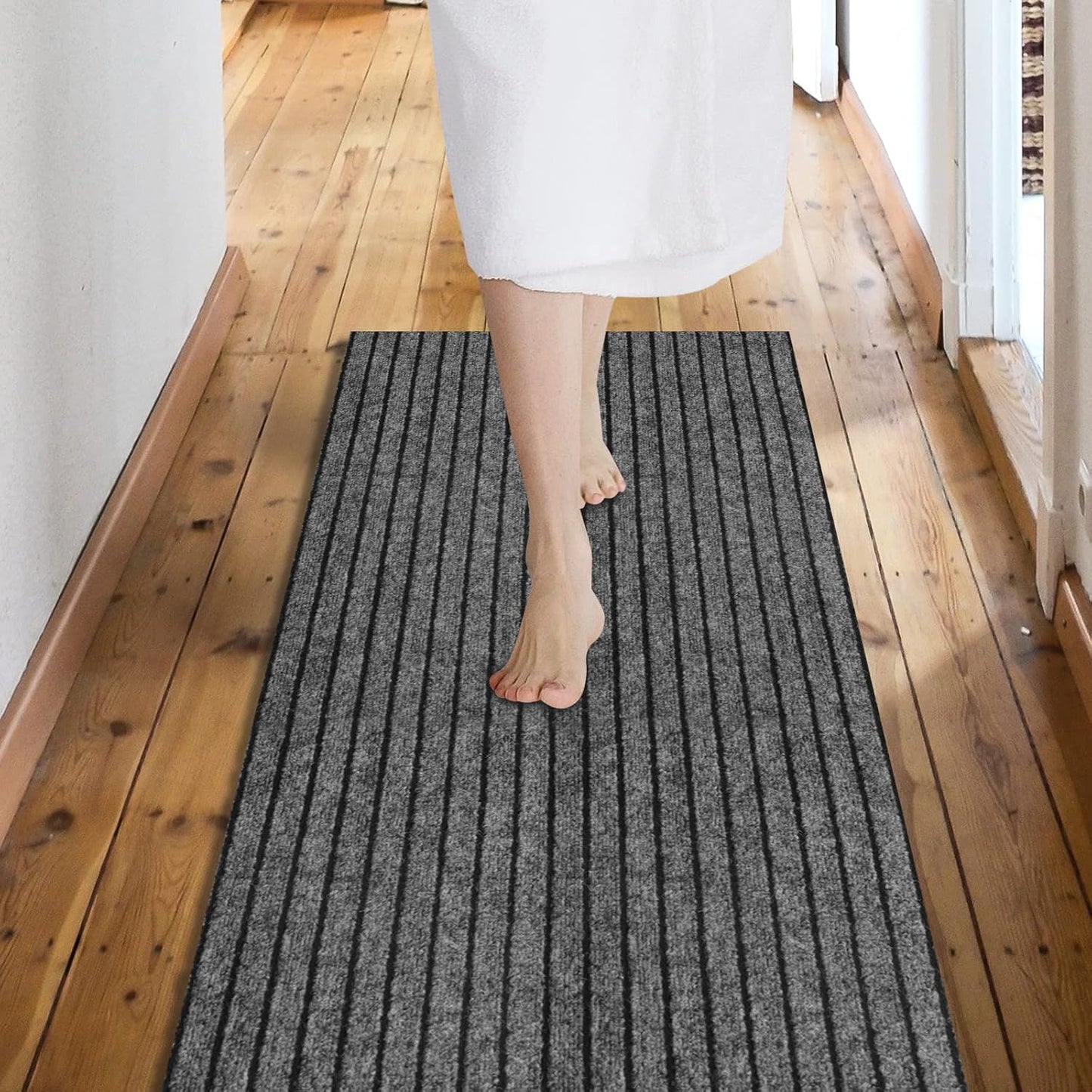 Custom Size Backed Non-Slip Area Rugs Runner, Easy Clean, Waterproof Runner Rugs for Hallway Entryway, Kitchen, Laundry, 3FT x 55FT, Gray Stripe