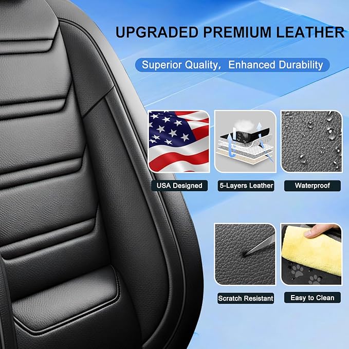 Fit Civic Car Seat Covers (Front Pair) for Select Honda Civic 2020-2026 Sedan (Not for Coupe) - Premium Full Coverage Leather, Waterproof & All Weather Breathable Seat Cushion Protector, Black