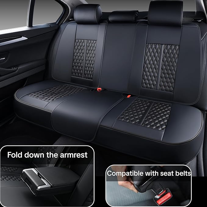 Black Car Seat Cover Complete Set, Universal Car Seat Cover for Car with Lumbar Support, Premium Artificial Leather, Waterproof and Easy to Clean, Airbag Compatible, Suitable for Most Cars