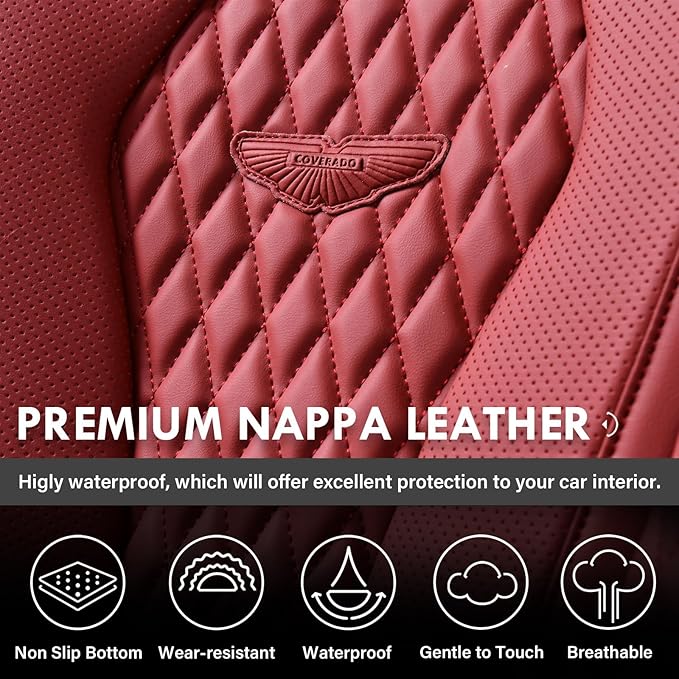 Coverado Car Seat Covers Full Set, Seat Covers, Car Seat Cover, Car Seat Covers Front Seats Back Seat Cover, Waterproof Car Seat Cushion, Leather Red Seat Covers Seat Protector Universal Fit Most Cars