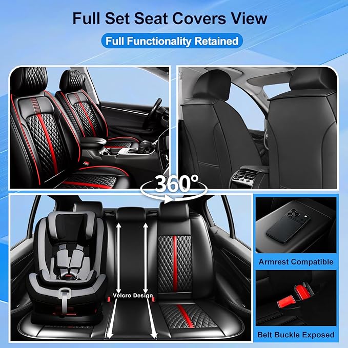 Fit HR-V Car Seat Covers (Front Pair) for Select Honda HRV 2016-2026 LX/EX/EXL/Sport - Full Coverage Leather, Airbag Compatible, Waterproof & All Weather Seat Cushion Protector, Redline
