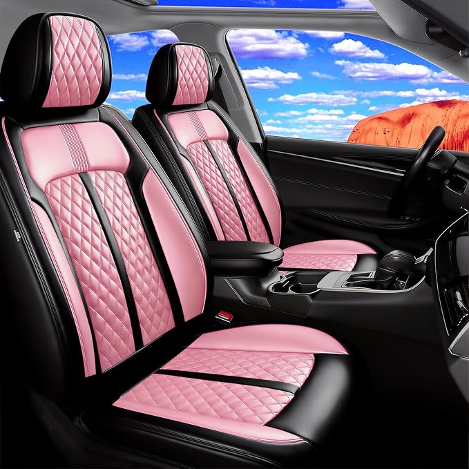 Car Seat Covers for Select Honda Fit 2007-2020, Premium Full Coverage Leather, Airbag Compatible& Scratch-Resistant, Waterproof & All Weather Breathable Seat Protector, Front Pair Black+Pink
