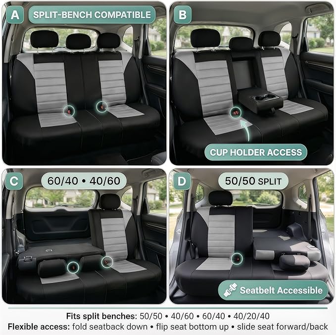 FH Group Car Seat Cover for Back Seat Premium 3D Air Mesh Gray Seat Cover Universal Fit Rear Seat Cover Split Bench Car Seat Protector for Dogs and Kids, Car Interior Accessories for SUV Sedan Van
