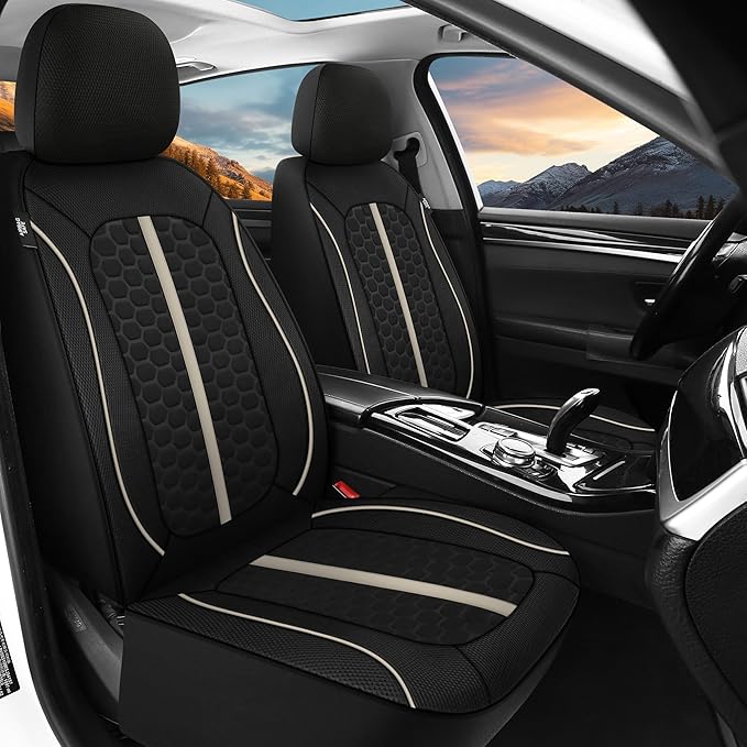 Breathable Premium Car Seat Covers Front Set，3D Air-Mesh Seat Covers for Cars，Comfortable Safety Airbag Compatible，Universal for Most Cars Sedan Truck SUV(Black/Beige)
