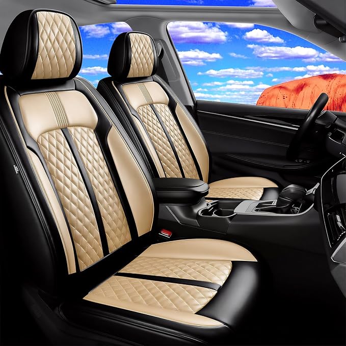 Fit Prologue Car Seat Covers for Select Honda Prologue 2024-2026 - Premium Full Coverage Leather, Airbag Compatible, Waterproof & All Weather Seat Cushion Protector, Front Pair Black+Beige