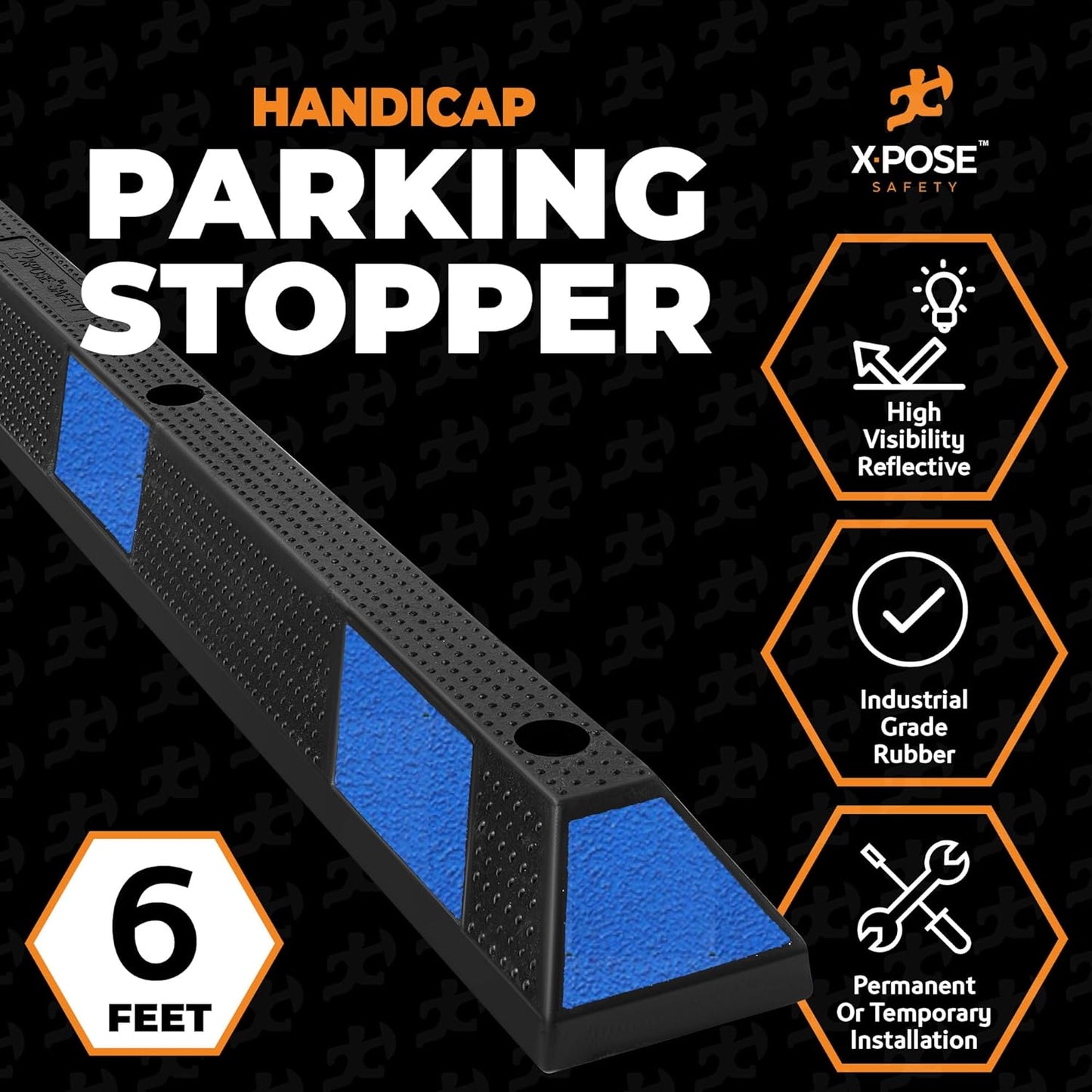 Xpose Safety 72" Heavy Duty Rubber Parking Stopper – 10 Pack Wheel Blocks for Garage, Driveway, or Ramp – Car Bumper Stop with Blue Reflective Strips – Removable Floor Mount