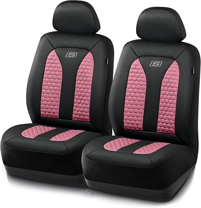 Skechers Memory Foam™ Car Seat Covers, Hexcomb Breathable Thick Seat Covers Two Front Seat Covers, Airbag Compatible, Automotive Comfort & Protection for Most Cars,Van,Trucks, SUVs (Pink,Two Front)