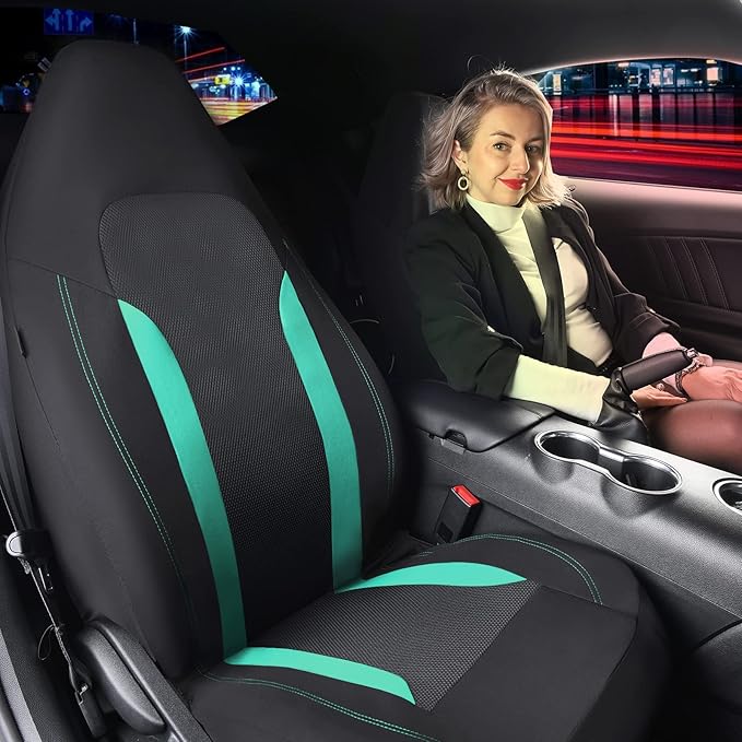 CAR PASS Bucket Car Seat Cover, Breathable 3D Air Mesh-100% Sporty Fabric Front Seats, Airbag Compatible, Universal Fit Automotive SUV Truck Sedan Vans Women, High Back Two Front 2 Piece, Black Mint