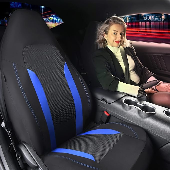 CAR PASS Bucket Car Seat Cover, Breathable 3D Air Mesh-100% Sporty Fabric Front Seats, Airbag Compatible, Universal Fit Auto SUV Truck Sedan Vans Women, High Back Two Front 2 Piece, Black Blue