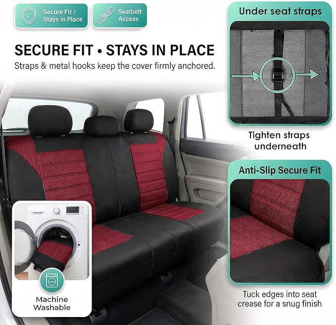 FH Group Automotive Car Seat Covers Rear Set Premium 3D Air Mesh Seat Covers, Airbag Compatible and Split Bench Cover Universal Fit Interior Accessories for Cars Trucks and SUVs - Burgundy