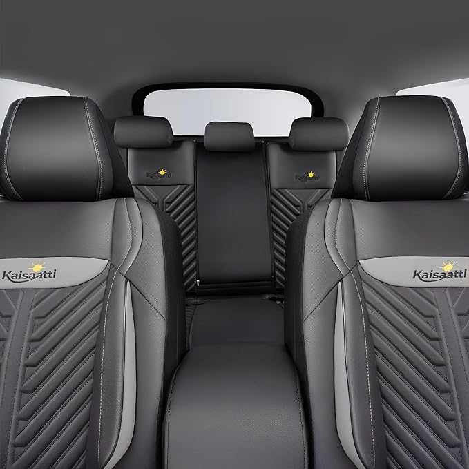 PU Leather Car Seat Covers Full Set – Waterproof seat Cover for Cars，3D Foam Support Automotive seat Covers ，Airbag Compatible, Universal Fit for Cars SUVs Trucks Sedans（Black/Grey）