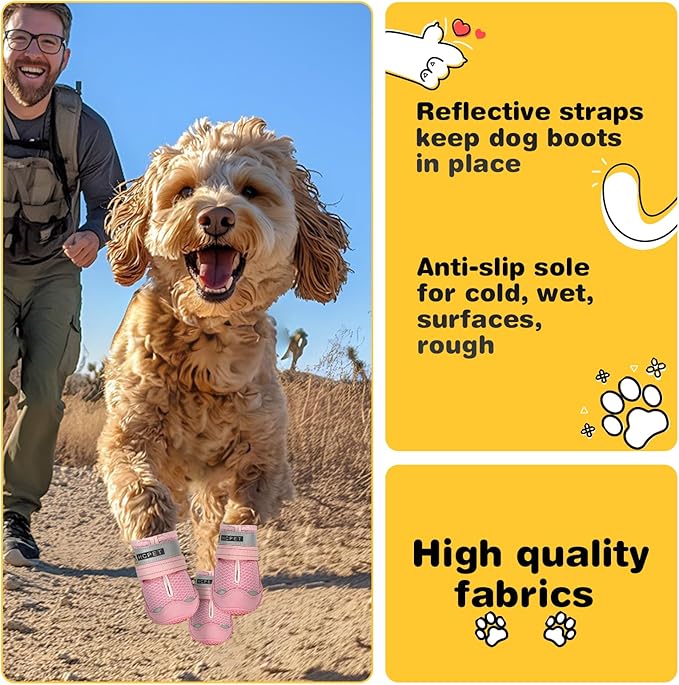 Hcpet Dog Shoes for Large Dogs, Breathable Dog Booties for Small Medium Dogs, Anti-Slip Dog Boots & Paw Protectors for Hot Pavement Winter Snow Hiking with Reflective Straps Pink Size 1