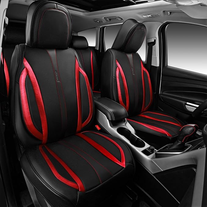 CAR PASS Nappa Leather Car Seat Covers, Durable Waterproof Luxury Universal Seat Covers for SUV Pick-up Truck Sedan, Anti-Slip Driver 5 Seat Covers Full Set with Backrest, Black Metallic Red