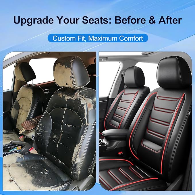 Fit Accord Car Seat Covers for Select Honda Accord 2012-2026 - Premium Full Coverage Leather, Airbag Compatible, Waterproof & All Weather Seat Cushion Protector, Full Set, Black with Red Trim