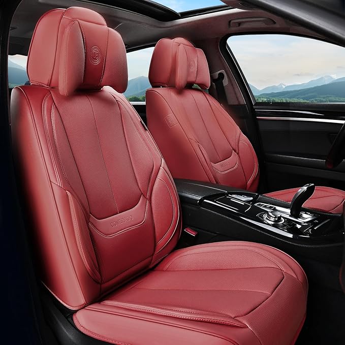 Coverado Universal Seat Covers Full Set, 5 Seats Universal Seat Covers for Cars, Waterproof Faux Leather Car Seat Covers with Head Pillow, Auto Protectors Fit for Most Sedans SUV Pick-up Truck-Red