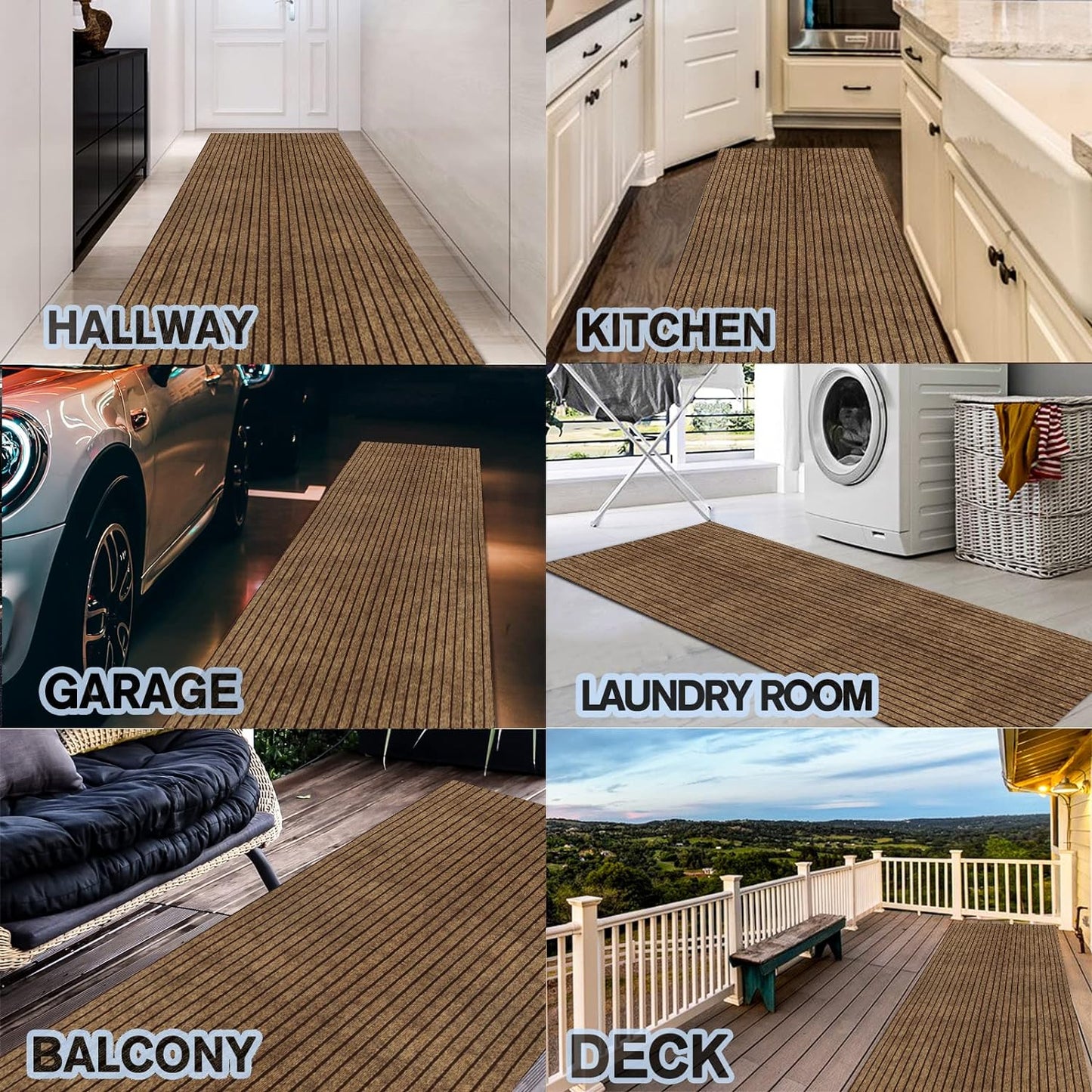 Custom Size Backed Non-Slip Area Rugs Runner, Easy Clean, Waterproof Runner Rugs for Hallway Entryway, Kitchen, Laundry, 2FT x 60FT, Brown Stripe
