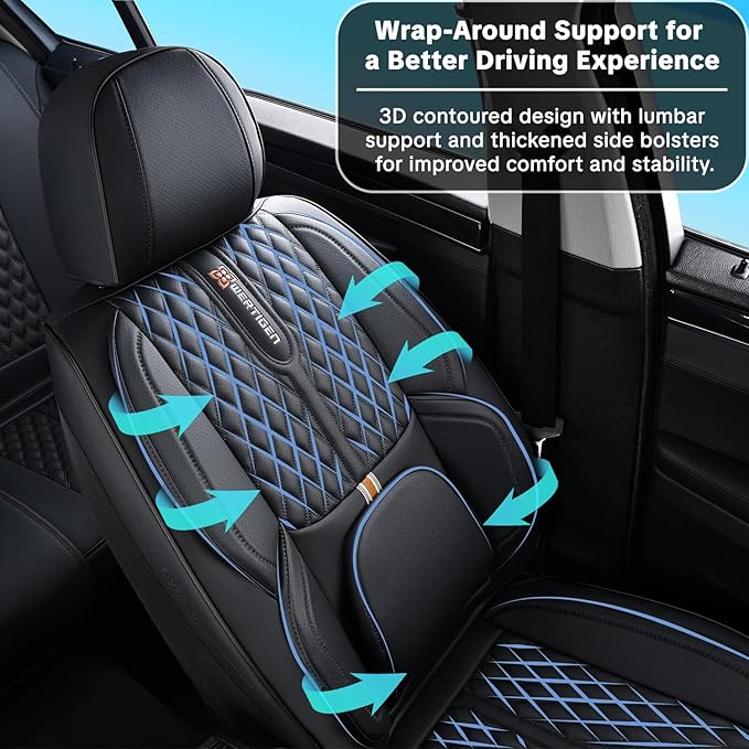 Black Car Seat Cover Complete Set, Universal Car Seat Cover for Car with Lumbar Support, Premium Artificial Leather, Waterproof and Easy to Clean, Airbag Compatible, Suitable for Most Cars