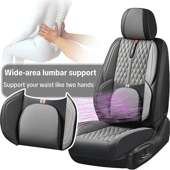 Car Seat Cover Full Set, Universal Car Seat Cover for Cars, Black and Gray, with Lumbar Support, Premium Artificial Leather, Waterproof and Easy to Clean, Airbag Compatible