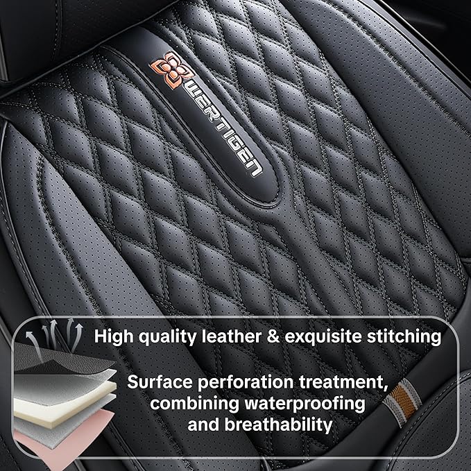 Black Car Seat Cover Complete Set, Universal Car Seat Cover for Car with Lumbar Support, Premium Artificial Leather, Waterproof and Easy to Clean, Airbag Compatible, Suitable for Most Cars