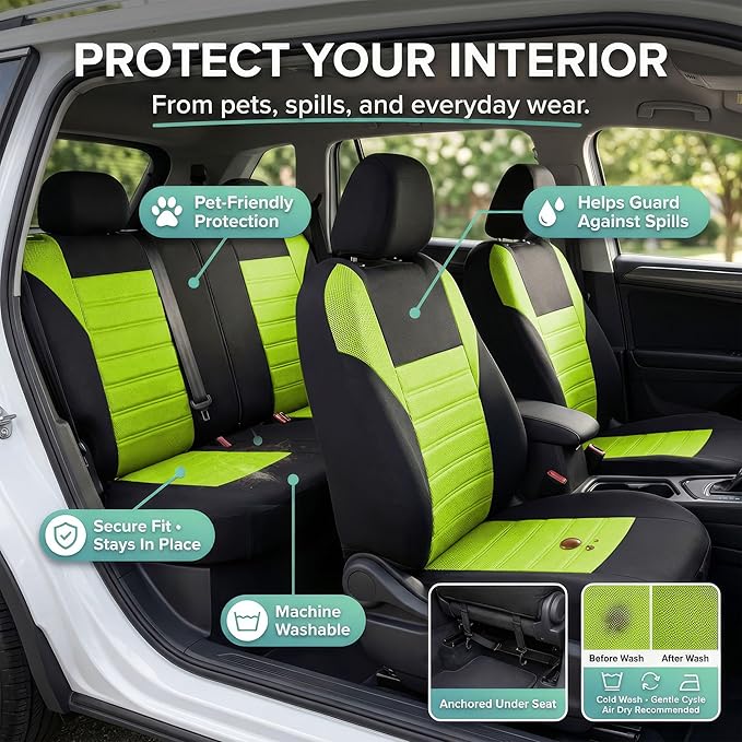 FH Group Automotive Car Seat Covers Full Set Premium 3D Air Mesh Front Seat Covers, Airbag Compatible & Split Bench Cover Universal Fit Interior Accessories for Cars Trucks and SUVs - Green