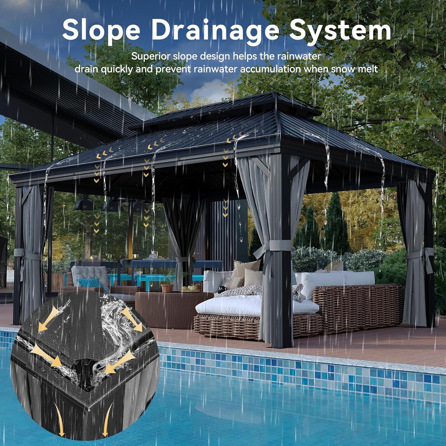 Aoxun 12' X 16' Permanent Hardtop Gazebo Aluminum Gazebo with Galvanized Steel Double Roof for Patio Lawn and Garden, Curtains and Netting Included, and LED Outdoor Waterproof Hanging Lights, Grey