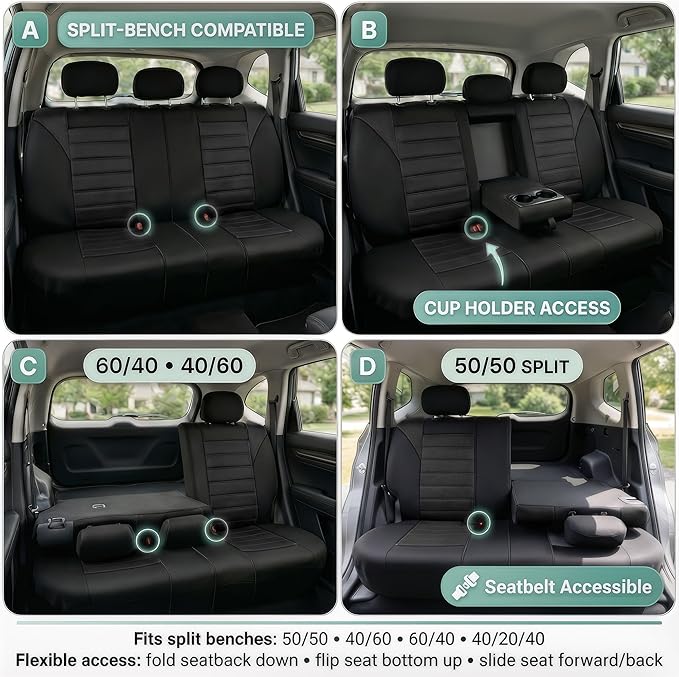 FH Group Automotive Car Seat Covers Rear Set Premium 3D Air Mesh Seat Covers, Airbag Compatible and Split Bench Cover Universal Fit Interior Accessories for Cars Trucks and SUVs - Black