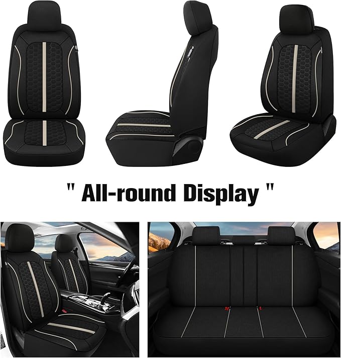 Breathable Premium Car Seat Covers Front Set，3D Air-Mesh Seat Covers for Cars，Comfortable Safety Airbag Compatible，Universal for Most Cars Sedan Truck SUV(Black/Beige)