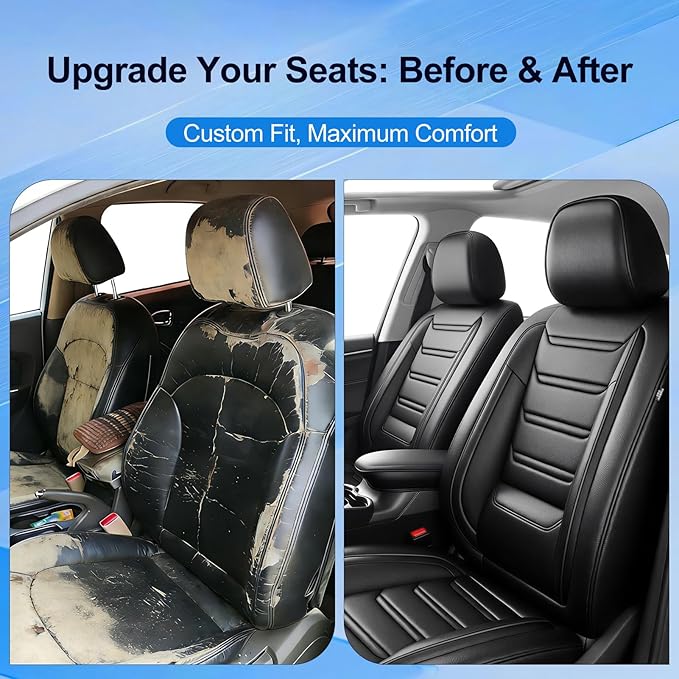 Fit Ridgeline Car Seat Covers for Select Honda Ridgeline 2007-2025 2026 - Premium Full Coverage Leather, Airbag Compatible, Waterproof & All Weather Seat Cushion Protector, Full Set, Black