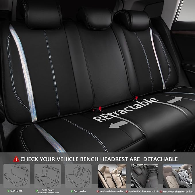 CAR PASS Nappa Leather Seat Covers, Waterproof Durable Universal fit for Women Girly SUV Truck,Anti-Slip Driver Seat Cover with Backrest, full set 5 Holographic Black Silver strips Iridescent colorful