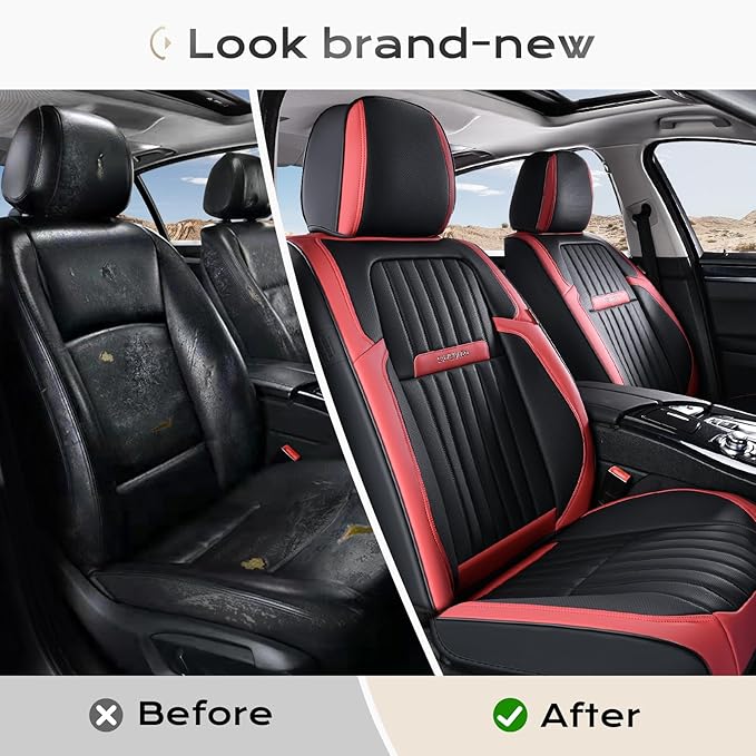 Coverado Car Seat Covers Front Seats, Seat Covers for Cars, Car Seat Protector, 2-Pack Car Seat Cushion Nappa Leather, Waterproof Seat Covers Carseat Cover Universal Fit for Most Cars(Red&Black)