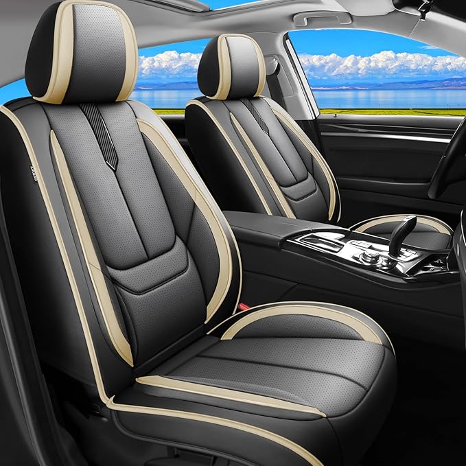 Fit HRV Car Seat Covers for Honda HR-V 2016-2024 2025 2026 - Upgraded Premium Waterproof & Breathable Leather, Airbag Compatible, All-Weather Seat Cushion Protector (Full Set, Black-Beige)