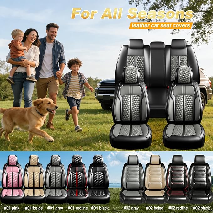 Fit Civic Car Seat Covers for Honda Civic 2020-2026 Sedan(Not for Coupe) - Premium Full Coverage Leather, Waterproof All Weather Breathable Seat Cushion Protector, Full Set, Black+Gray