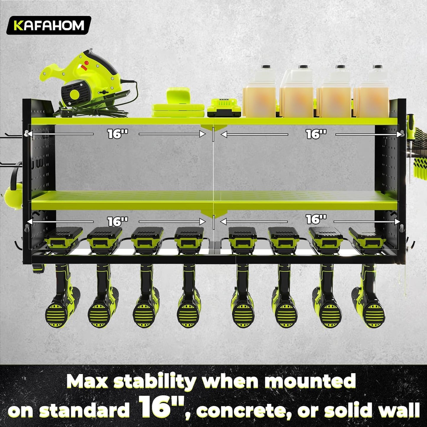 KAFAHOM Power Tool Organizer with Charging Station, Built in 8 Outlet Power Strip,Large 8 Drill Holder Wall Mount, Heavy Duty Metal Power Tool Storage Rack Tool Shelf for Garage Organization