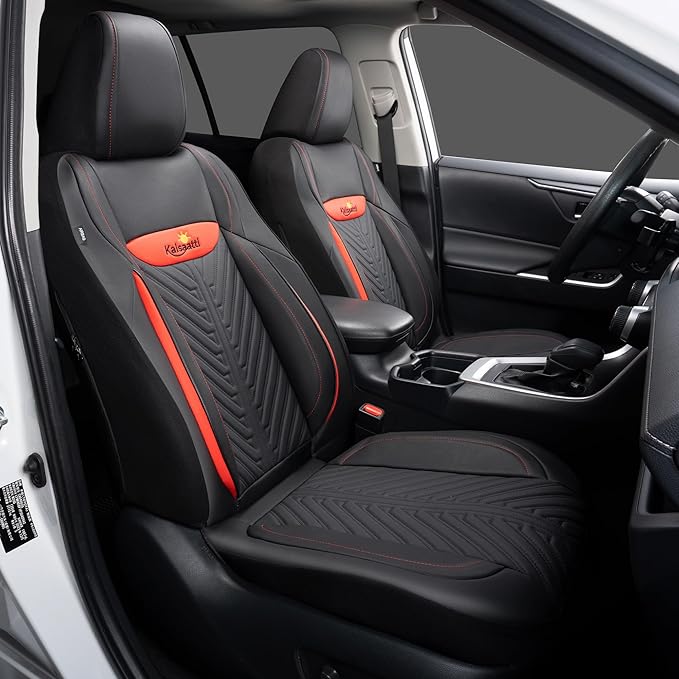 PU Leather Car Seat Covers Front Set – Waterproof seat Cover for Cars，3D Foam Support Automotive seat Covers ，Airbag Compatible, Universal Fit for Cars SUVs Trucks Sedans（Black/Red）