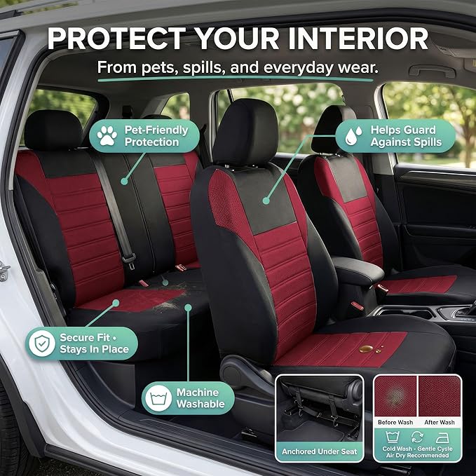 FH Group Automotive Car Seat Covers Full Set Premium 3D Air Mesh Front Seat Covers, Airbag Compatible & Split Bench Cover Universal Fit Interior Accessories for Cars Trucks and SUVs - Burgundy