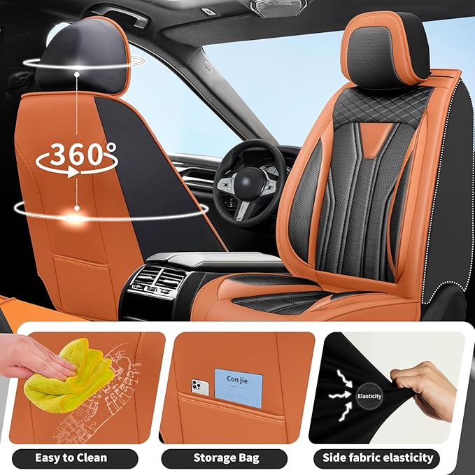 Fit Frontier Car Seat Covers Premium Leather for Nissan Frontier 2009-2025 2026. Waterproof， Breathable, Scratch-Resistant & All-Weather Seat Cushion Protector（Front Seat,Orange&Black
