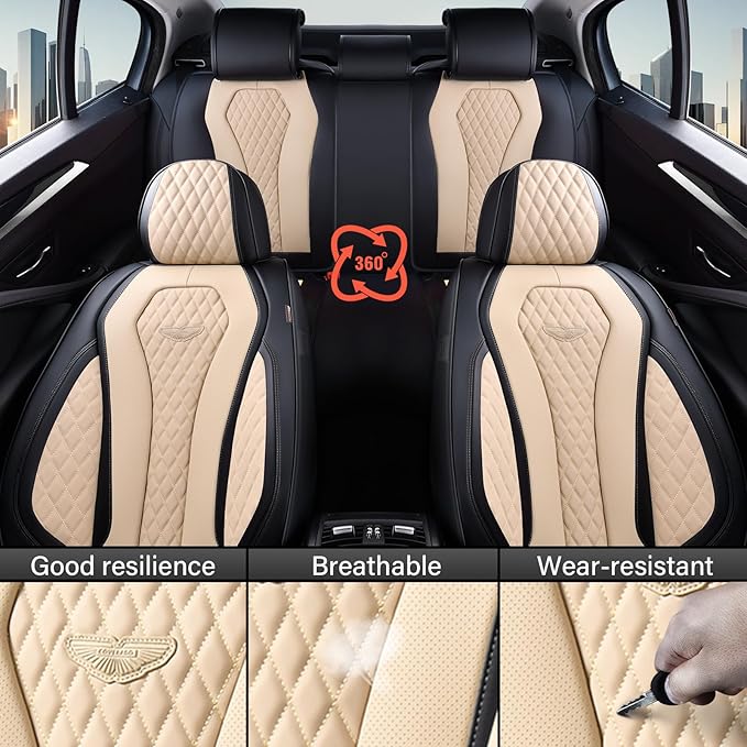 Coverado Car Seat Covers, Leather Seat Covers Full Set, Beige Seat Covers, Car Seat Cushion, Driver Car Seat Covers, Waterproof Car Seat Protector Fit for Most Cars