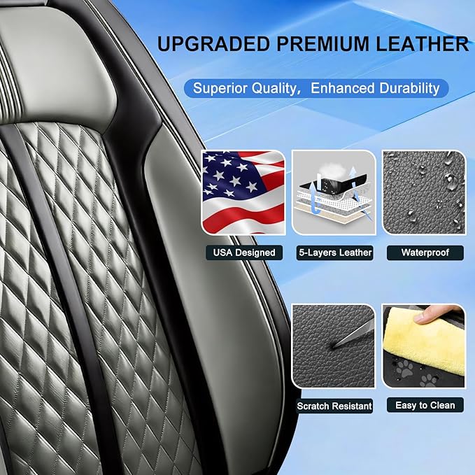 Fit Prologue Car Seat Covers for Select Honda Prologue 2024-2026 - Premium Full Coverage Leather, Airbag Compatible, Waterproof & All Weather Seat Cushion Protector, Front Pair Black+Gray