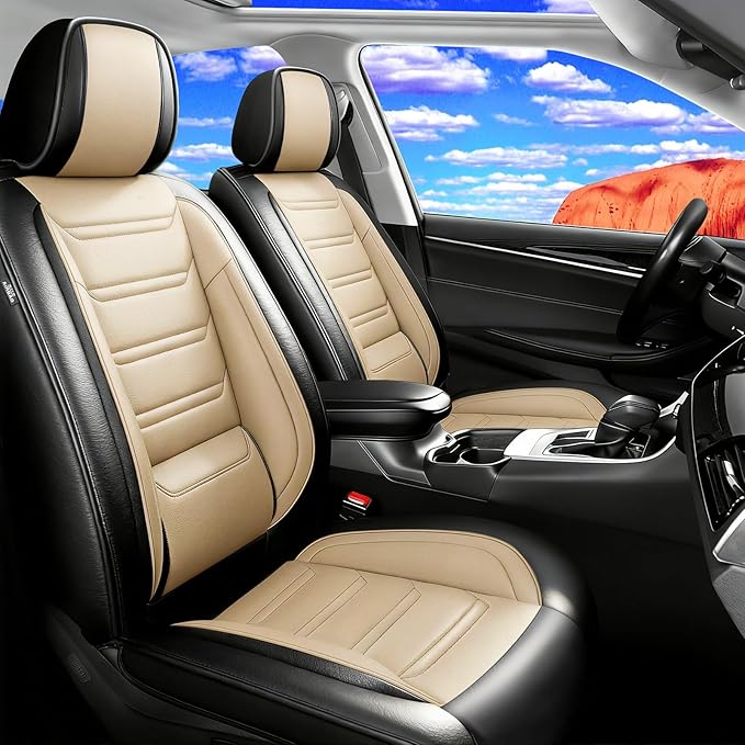 Car Seat Covers for Select Honda Fit 2007-2020, Premium Full Coverage Leather, Airbag Compatible& Scratch-Resistant, Waterproof & All Weather Breathable Seat Protector, Full Set, Black+Beige