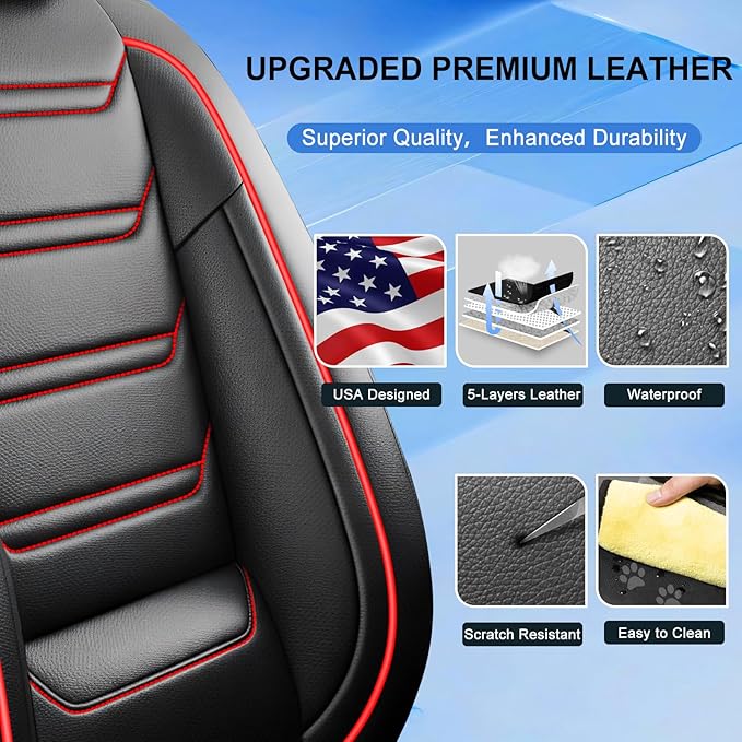 Fit HR-V Car Seat Covers (Front Pair) for Select Honda HRV 2016-2025 2026 LX/EX/EXL/Sport - Full Coverage Leather, Waterproof & All Weather Seat Cushion Protector, Black with Red Trim