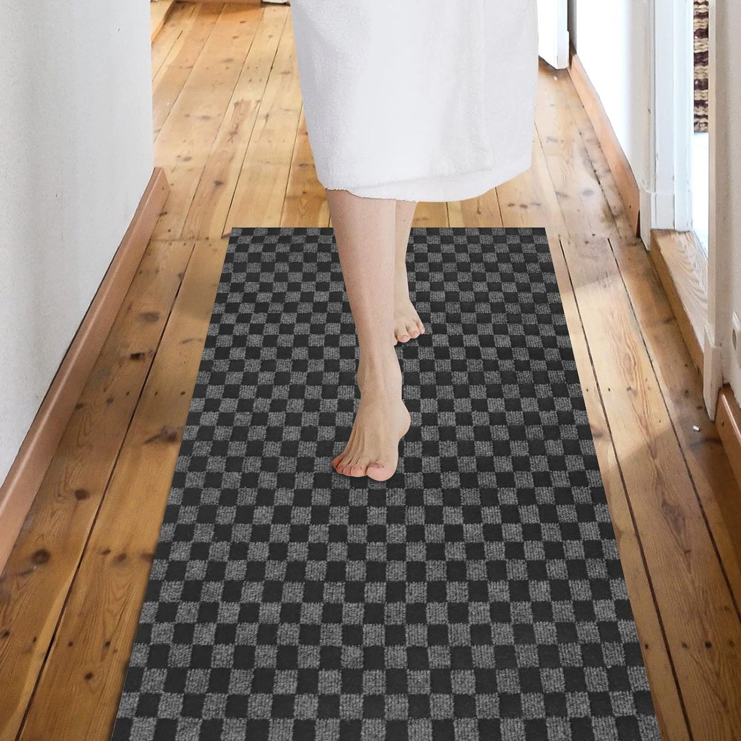 Custom Size Backed Non-Slip Area Rugs Runner, Easy Clean, Waterproof Runner Rugs for Hallway Entryway, Kitchen, Laundry, 3FT x 19FT, Gray Checkered