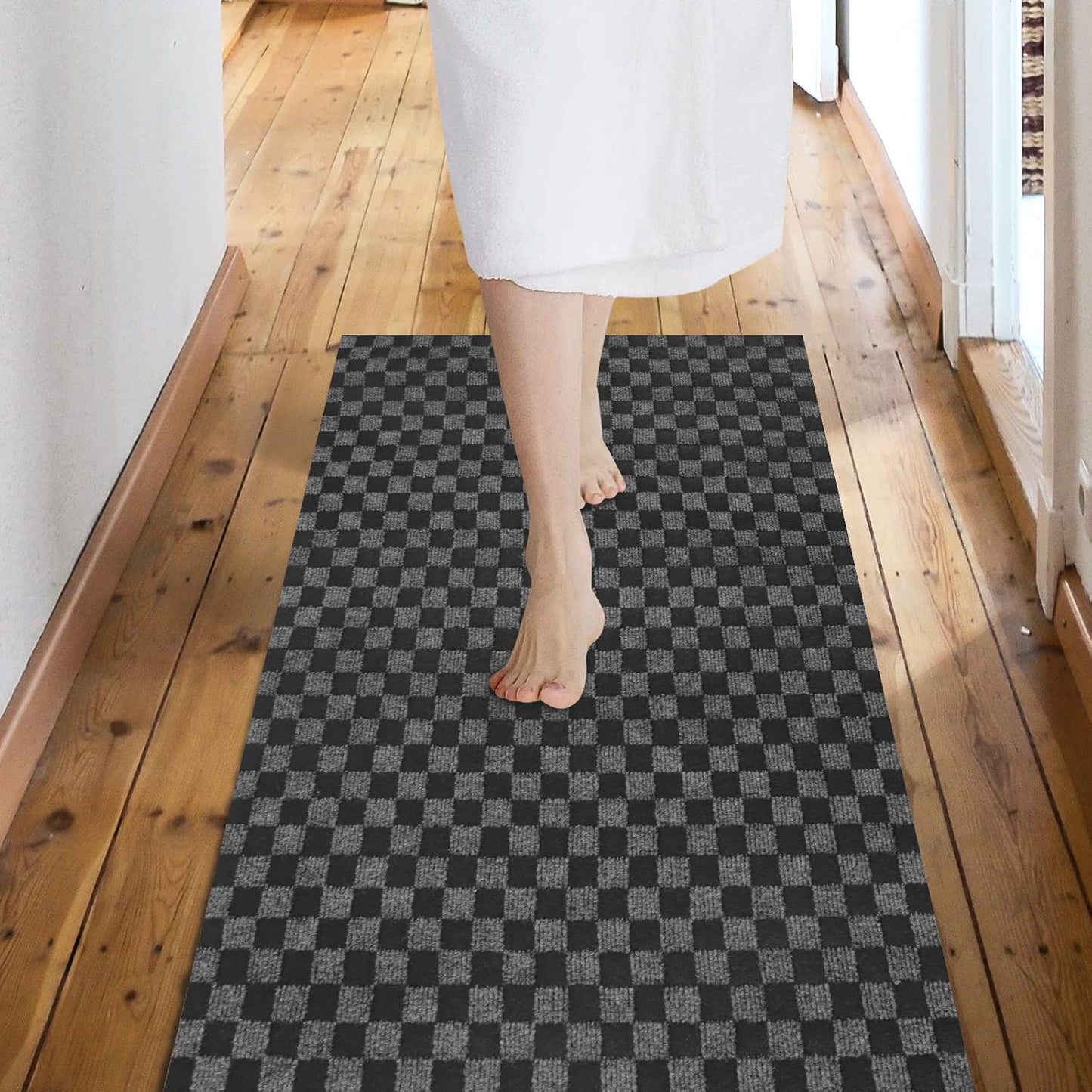 Custom Size Backed Non-Slip Area Rugs Runner, Easy Clean, Waterproof Runner Rugs for Hallway Entryway, Kitchen, Laundry, 3FT x 45FT, Gray Checkered