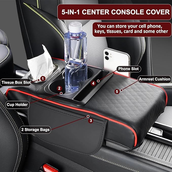 Center Console Cover,Car Armrest Cushion Multifunctional with 2 Storage Bags Cup Holder,Phone Slot,Tissue Box Slot for Most Cars Accessories Interior Organizers-Gray 13.8x7.9 in